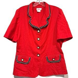 Elegant Vintage 90s Red Blouse Pearl Buttons Collared Shirt Jacket Shacket sz 12